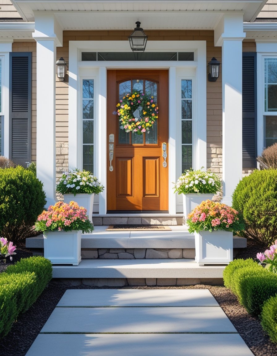 A clean and inviting home entryway with a freshly painted door, flower planters, and trimmed greenery under soft sunlight.