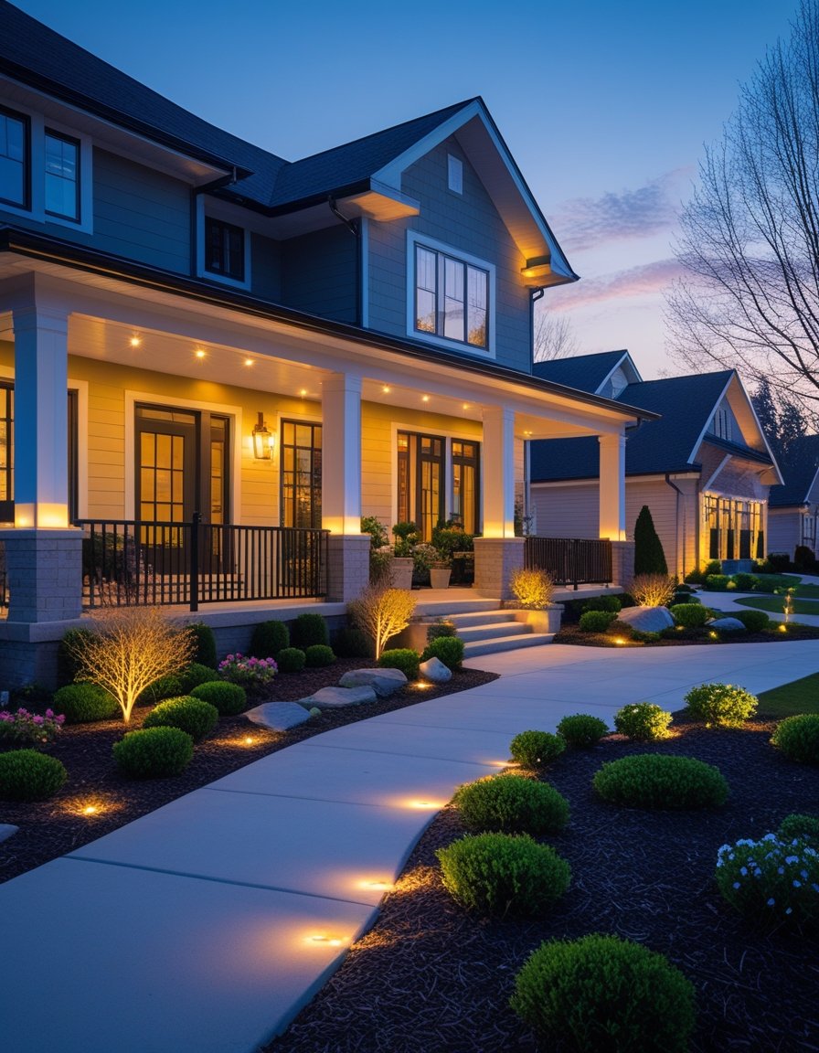 A modern house exterior at dusk with outdoor lights illuminating the porch, pathways, and garden.