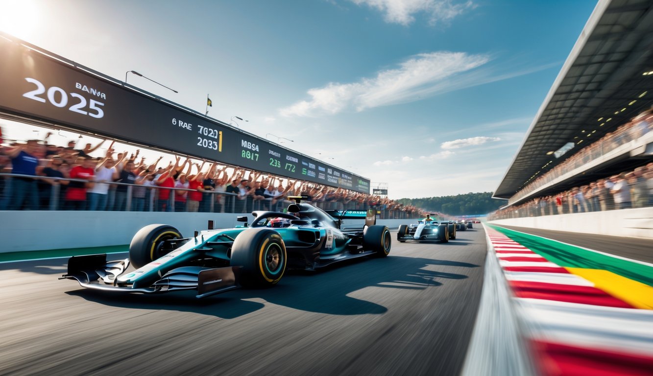 Mobil Formula 1 sedang melaju kencang di lintasan balap dengan penonton di tribun yang antusias.