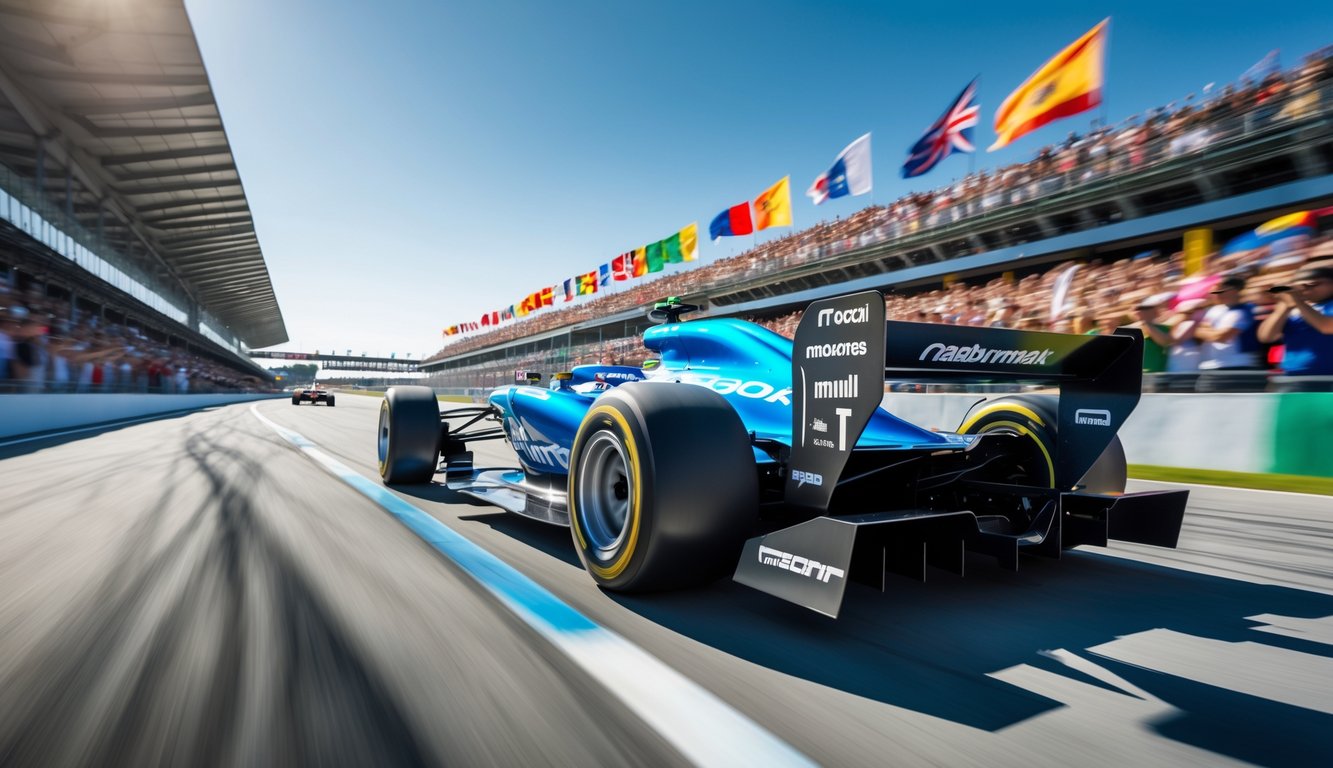 Mobil balap Formula 1 futuristik sedang melaju cepat di lintasan dengan penonton di tribun yang bersorak.