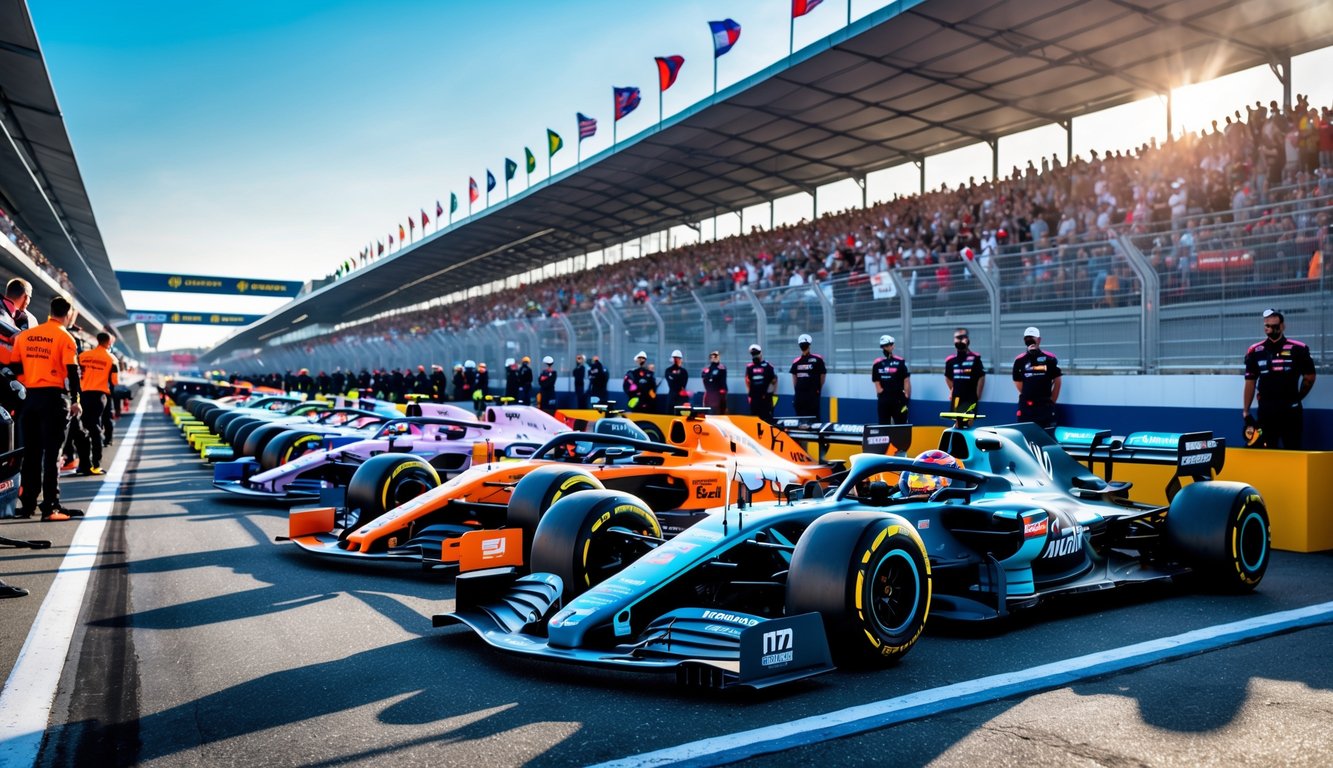 Beberapa mobil Formula 1 modern berjejer di lintasan balap dengan penonton dan kru pit yang sibuk di latar belakang.