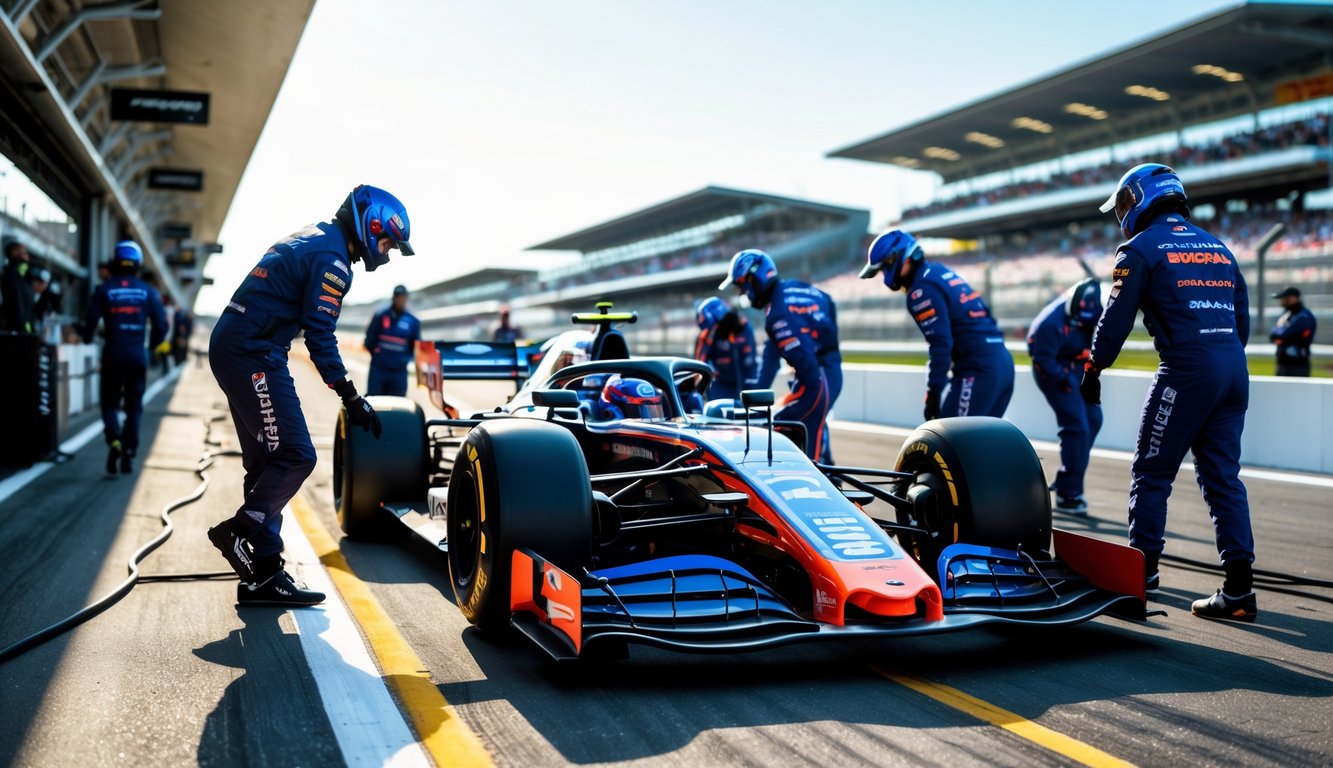 Tim balap Formula 1 musim 2025 sedang mempersiapkan mobil balap di pit lane dengan anggota tim yang mengenakan seragam dan helm, di latar belakang terdapat trek balap dan penonton.