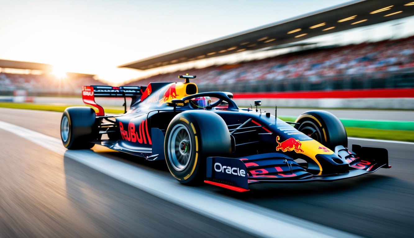 Mobil balap Formula 1 Oracle Red Bull Racing tahun 2025 di lintasan balap dengan latar belakang tribun dan penonton.