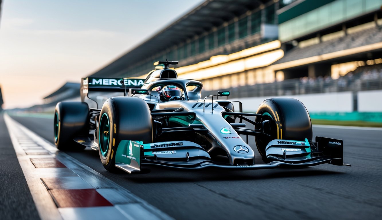 Mobil balap Mercedes-AMG Petronas 2025 berwarna perak dan hijau di lintasan balap dengan latar belakang tribun dan pit lane.