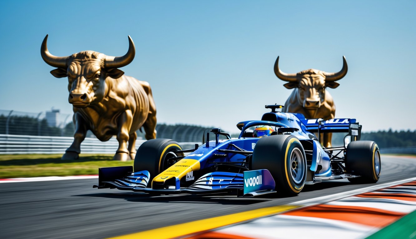 Mobil balap F1 melaju cepat di lintasan dengan dua patung banteng besar di latar belakang.
