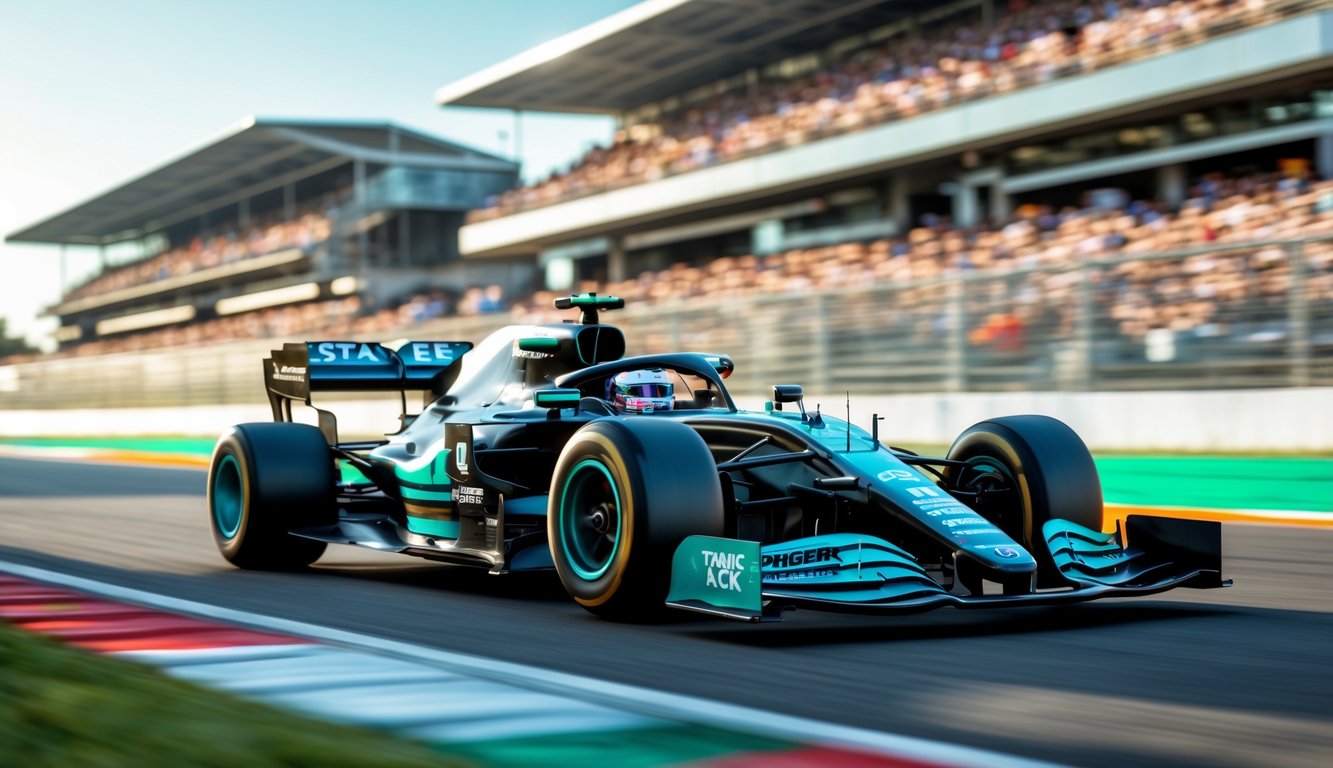 Mobil balap Formula 1 Sauber sedang melaju di lintasan balap dengan penonton di tribun.