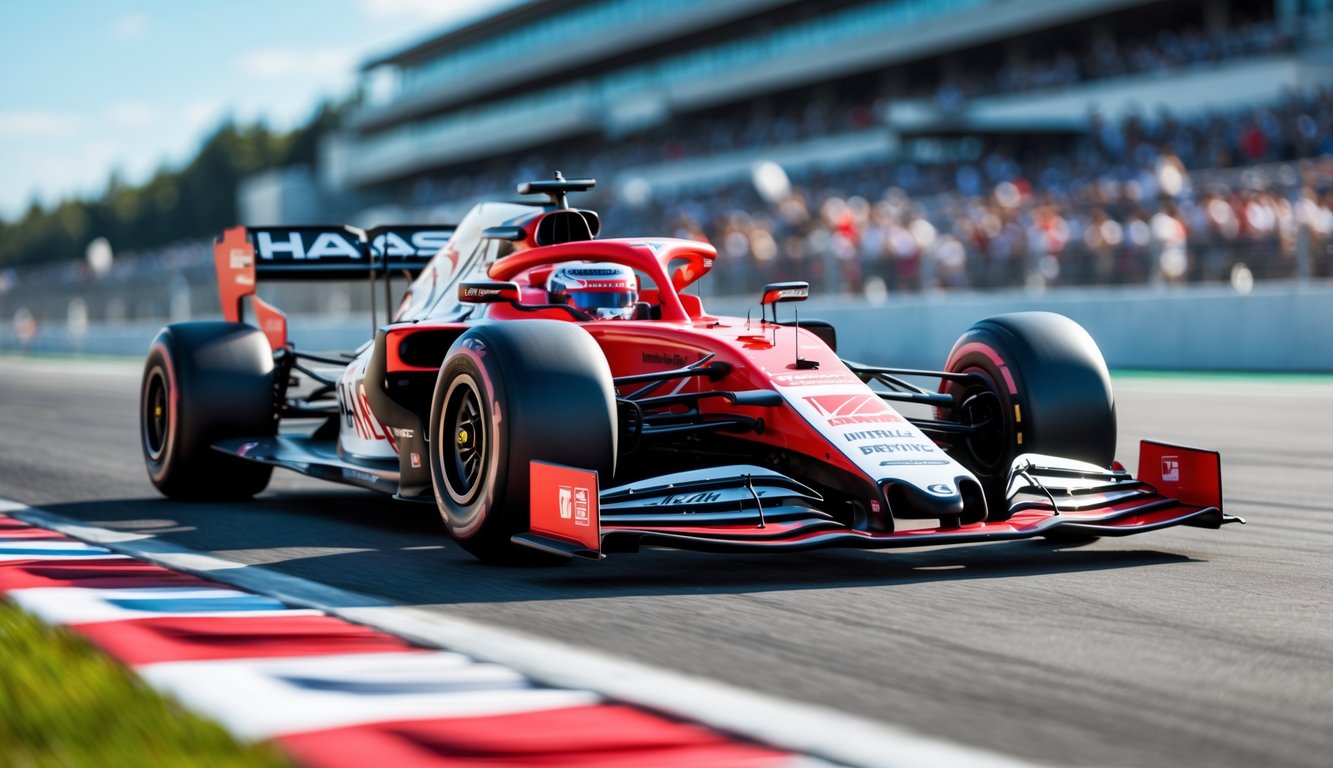 Mobil balap Formula 1 Haas F1 Team tahun 2025 di lintasan balap dengan latar belakang tribun penonton dan langit biru.
