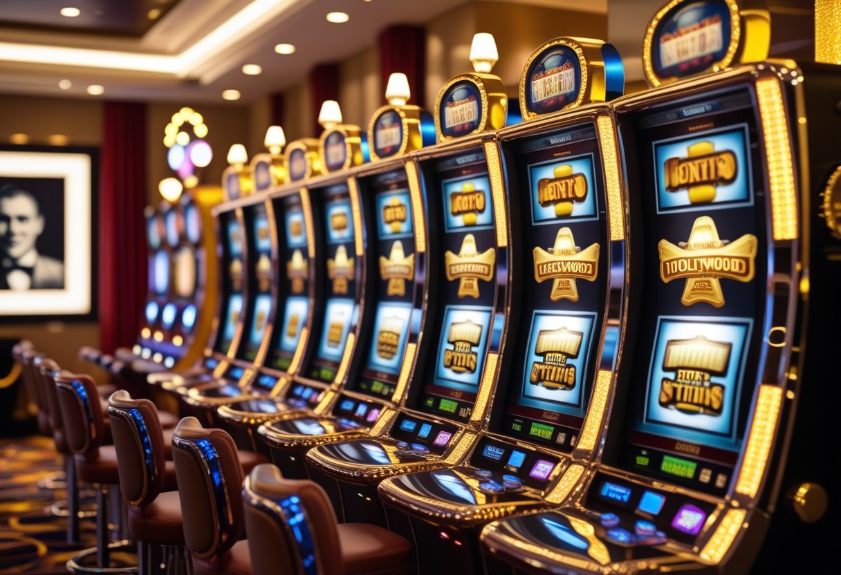 A row of elegant slot machines with symbols inspired by classic movies