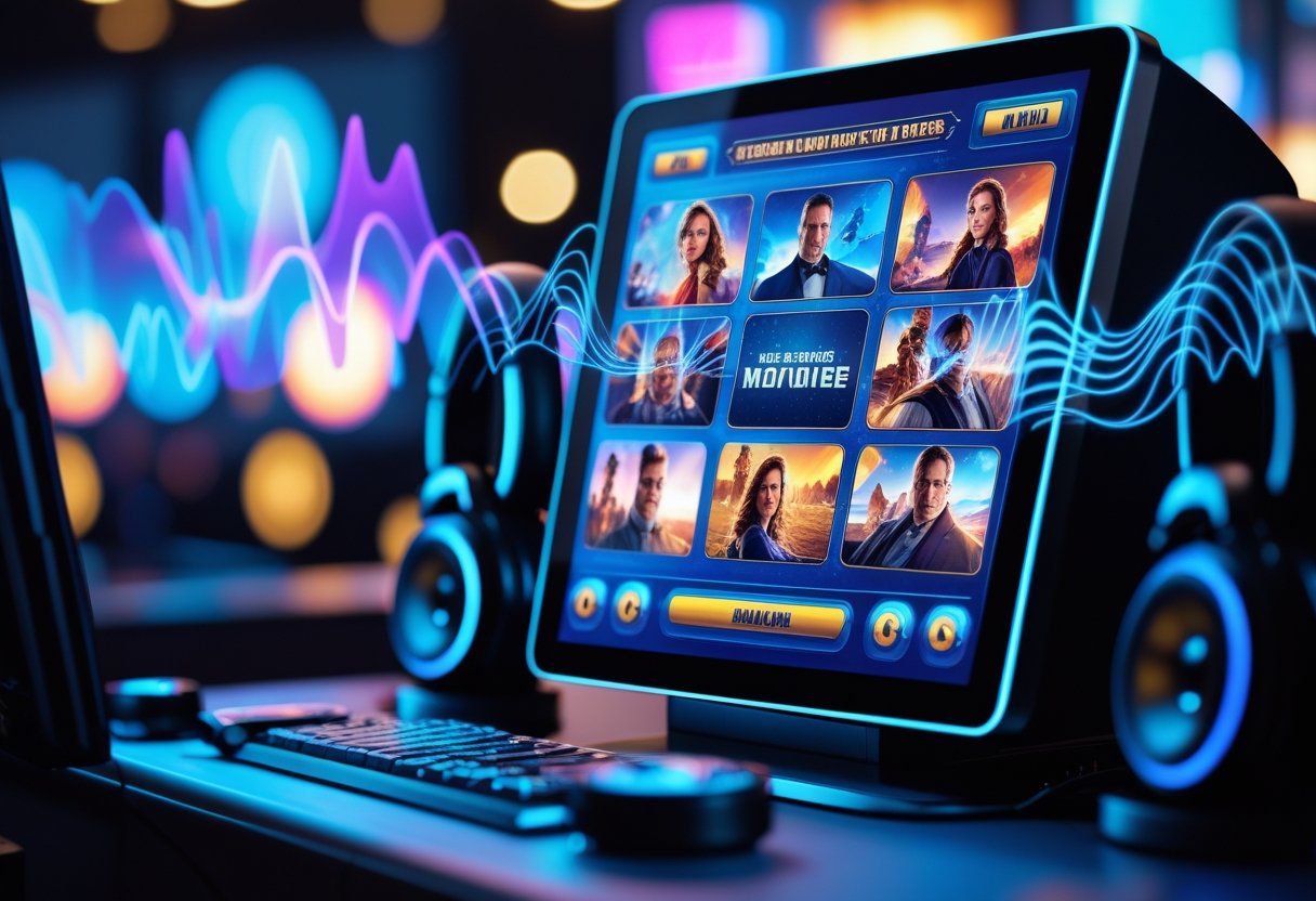 A gaming setup showing a movie-themed slot machine screen with headphones and a microphone nearby