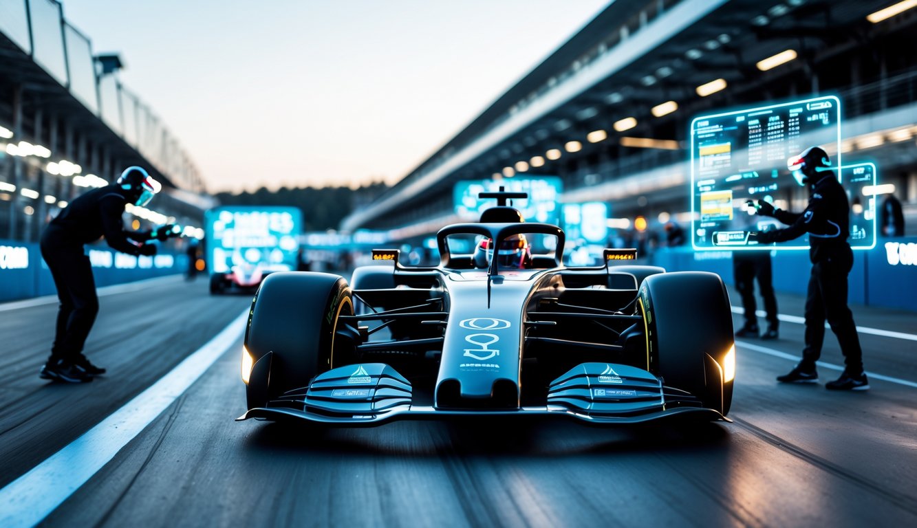 Mobil Formula 1 futuristik sedang melaju di lintasan balap dengan insinyur menggunakan teknologi canggih di pit lane.