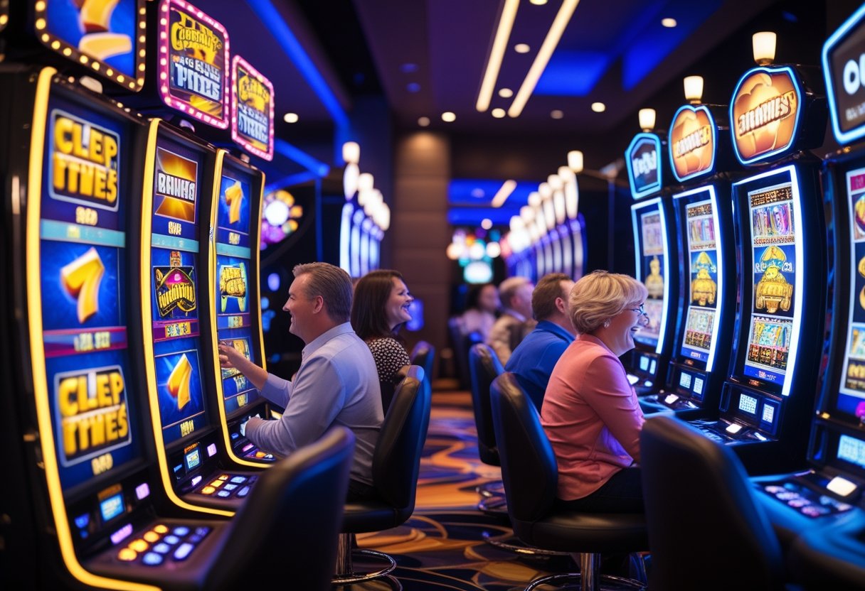 Two slot machines side by side in a casino, one with movie-themed symbols and the other with original designs