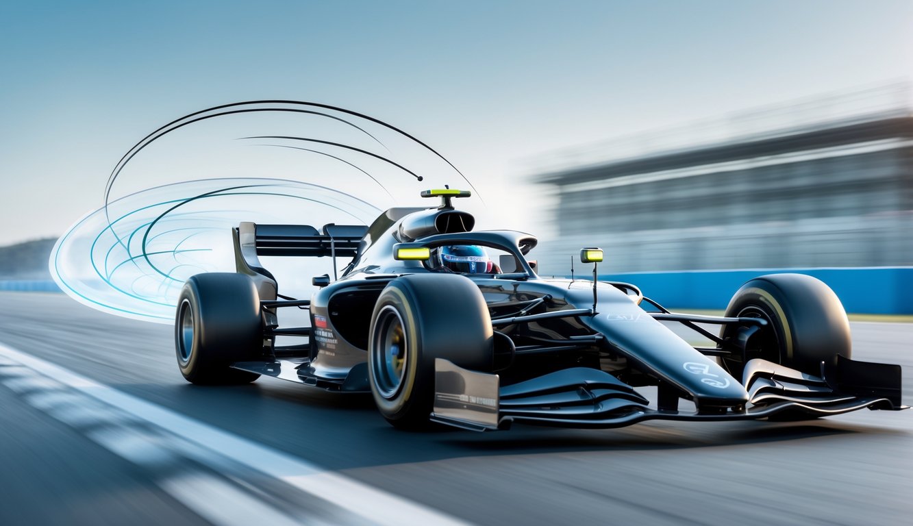 Mobil Formula 1 tahun 2025 dengan desain aerodinamika canggih sedang berada di lintasan balap.