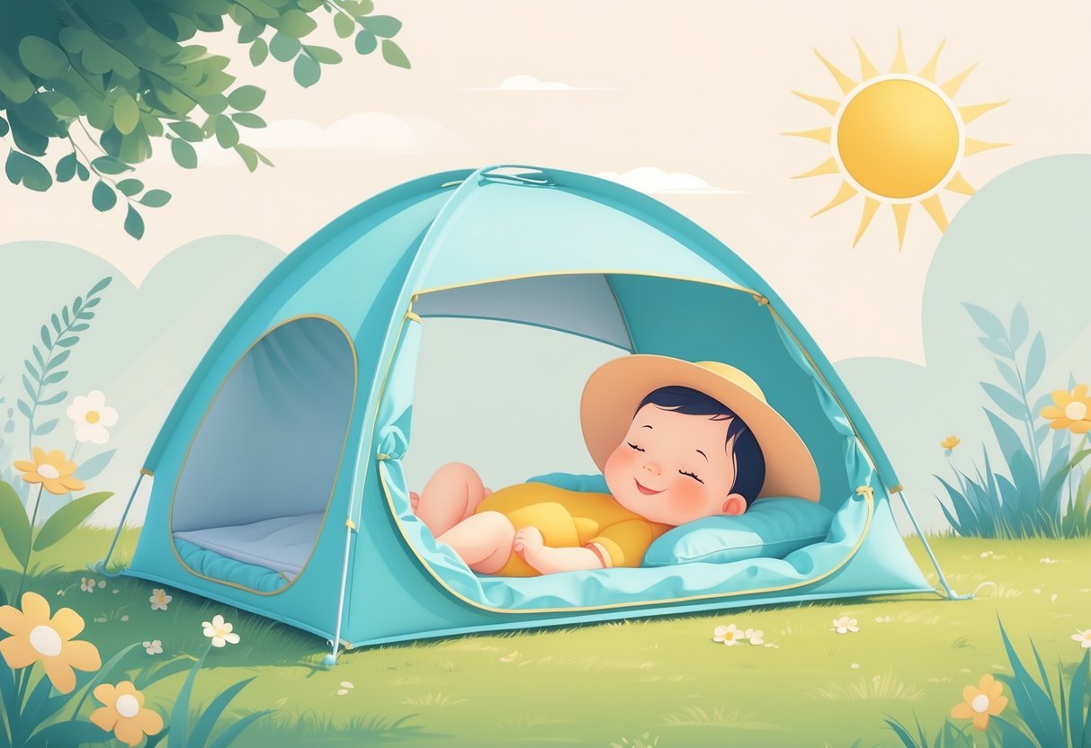 Baby som hviler trygt i et UV-telt for baby med skygge utendørs.