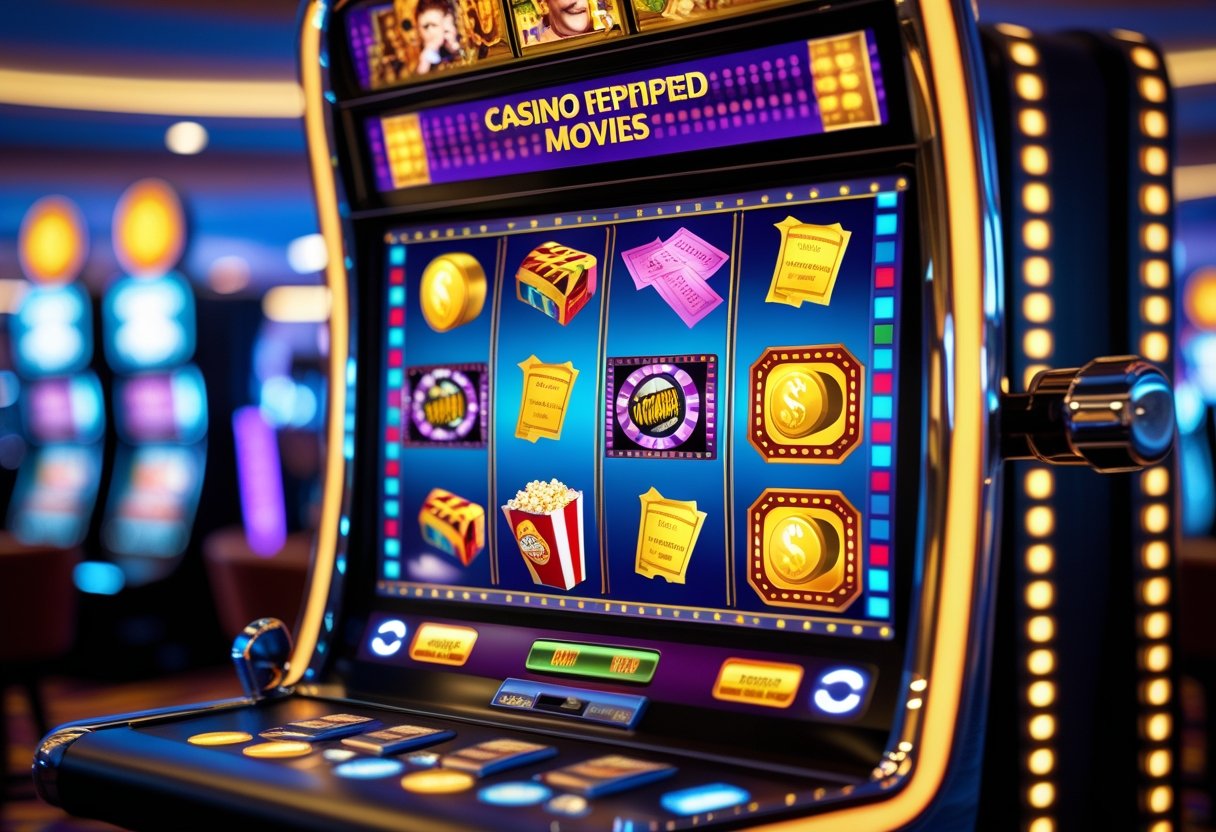 A casino slot machine with movie-themed symbols and glowing bonus icons in a lively casino setting.