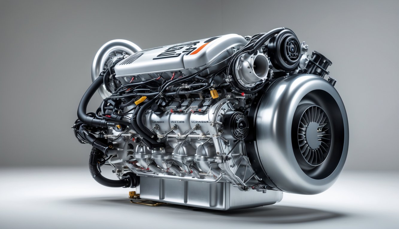 Mesin hybrid Formula 1 generasi terbaru dengan detail komponen yang rumit dan desain modern.