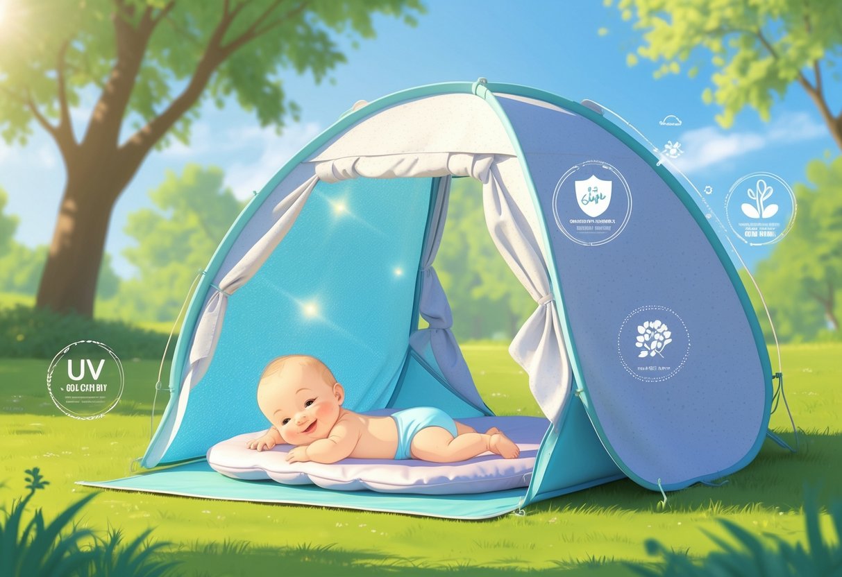 UV-telt for baby satt opp i park, med rolig skygge og komfort inne i teltet.