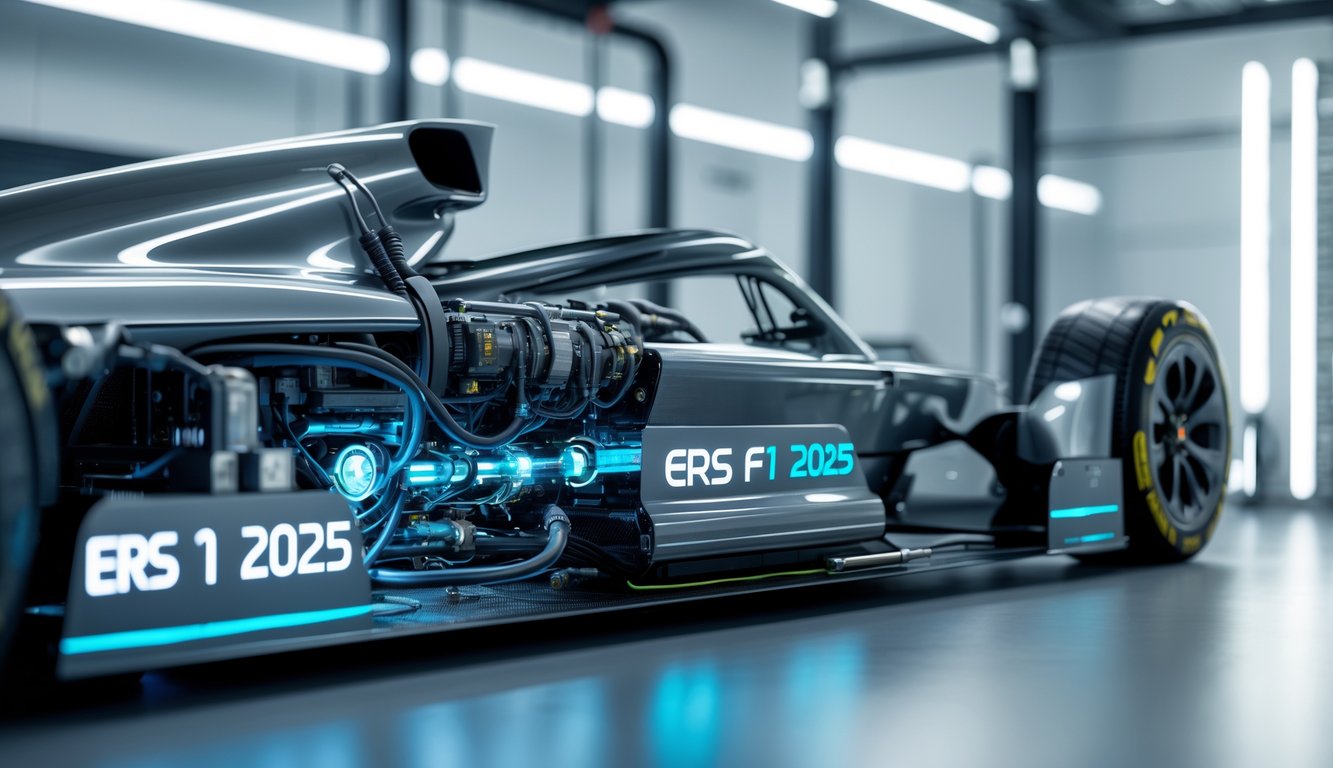 Sistem energi canggih dari mobil balap listrik dengan komponen mekanis dan kabel berteknologi tinggi di dalam garasi modern.