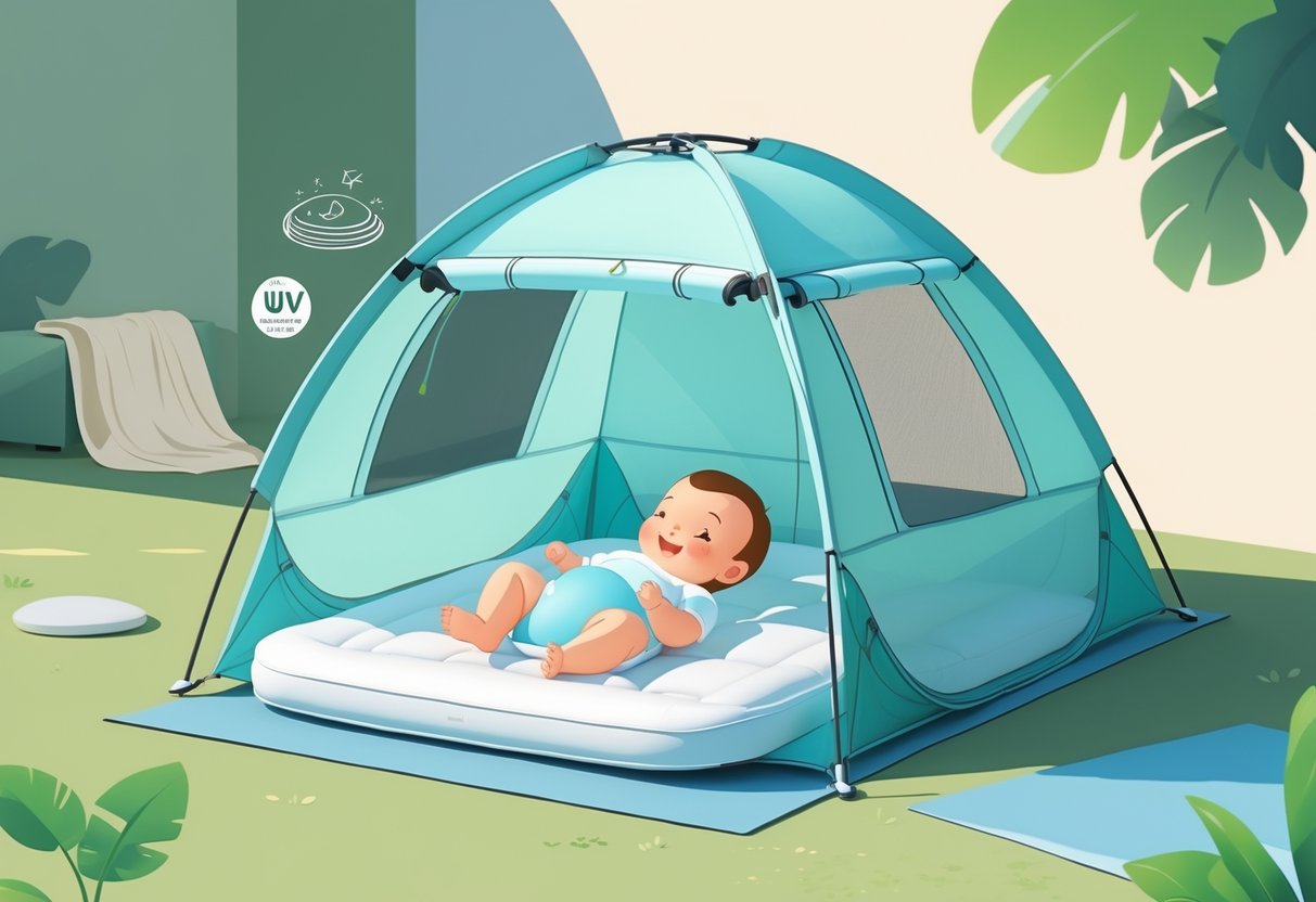 UV-telt for baby i naturlige omgivelser, med god skygge og plass til hvile.