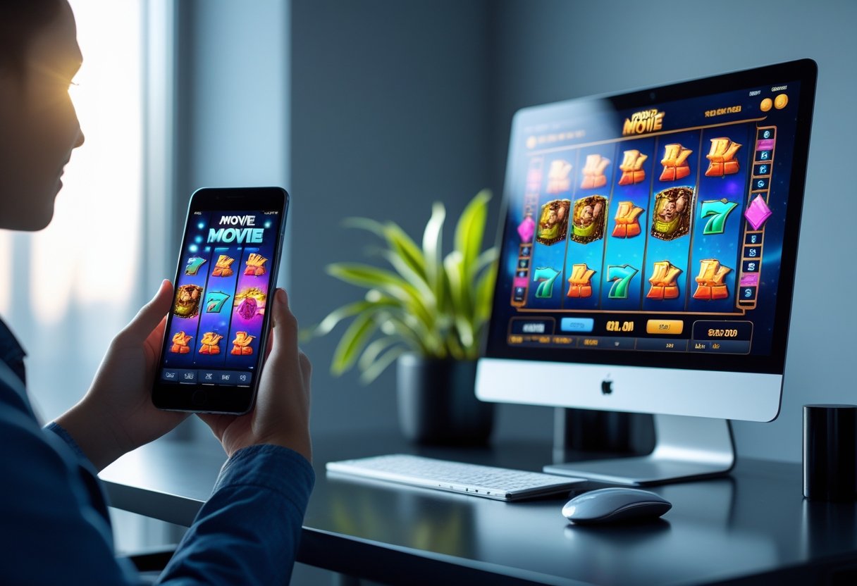 Person holding a smartphone showing a movie slot game next to a desktop computer displaying the same slot game on its screen.