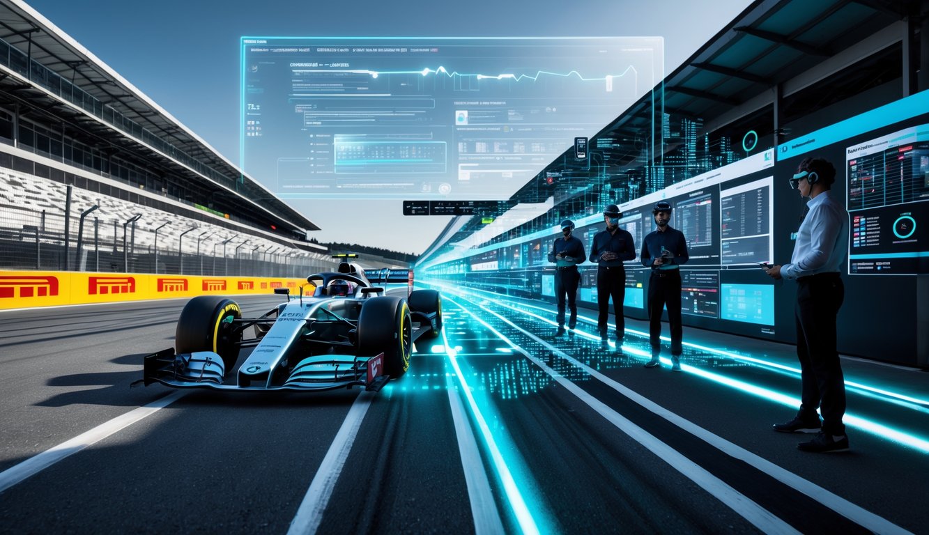 Mobil Formula 1 di lintasan balap dengan teknologi digital dan insinyur yang memantau data di ruang kontrol.
