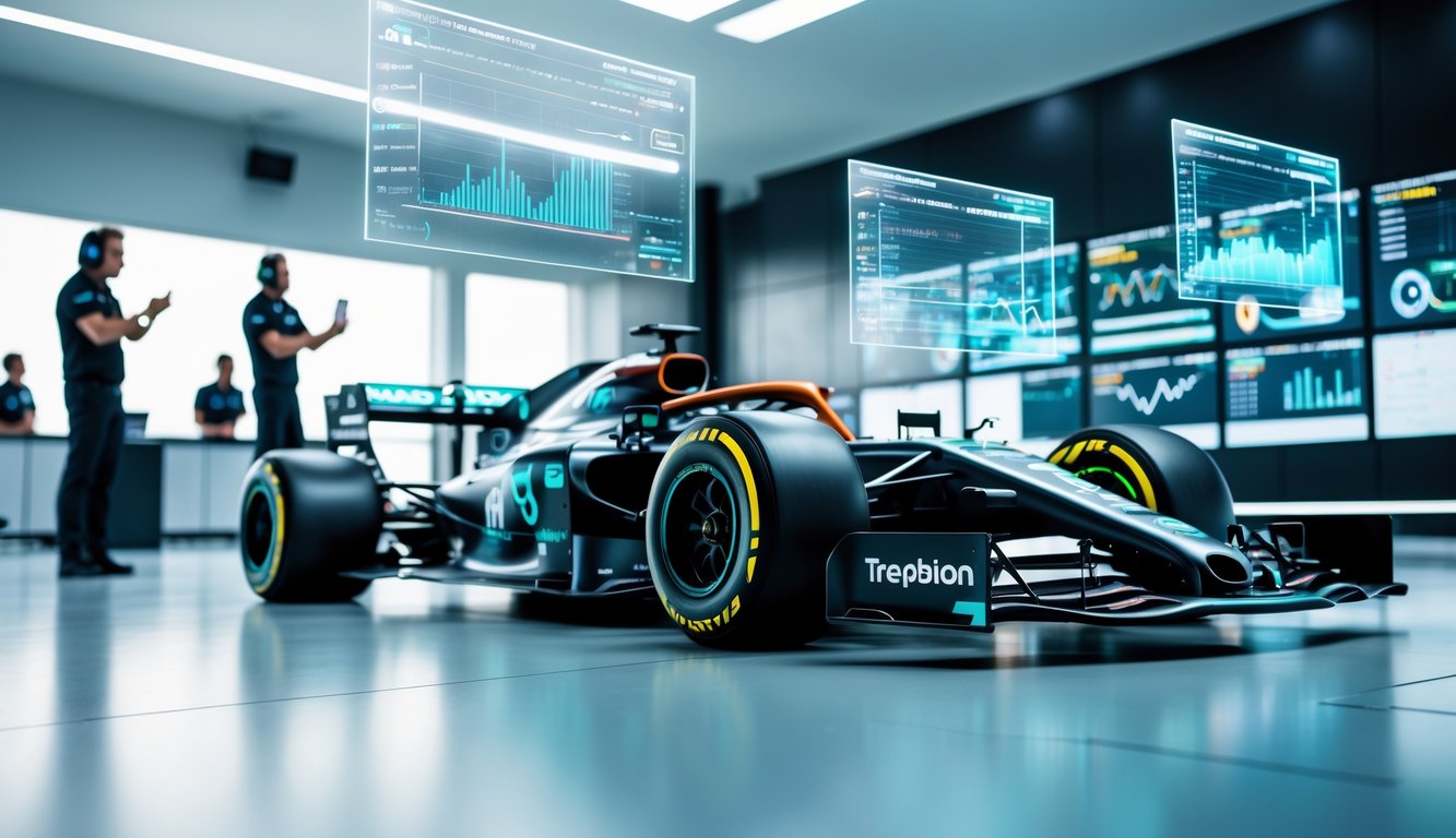 Mobil Formula 1 futuristik dengan sensor dan tampilan holografik data telemetry, dikelilingi oleh insinyur yang memantau performa mobil di ruang kontrol teknologi tinggi.