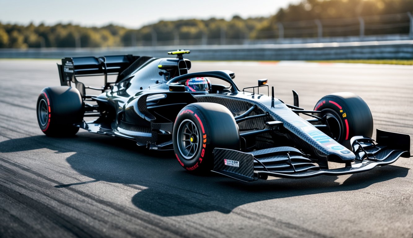 Mobil balap Formula 1 terbaru dengan bodi serat karbon terlihat di lintasan balap.
