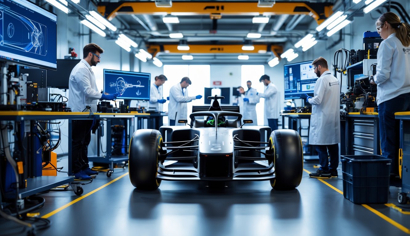 Insinyur sedang mengembangkan sasis mobil Formula 1 tahun 2025 di bengkel teknologi modern.