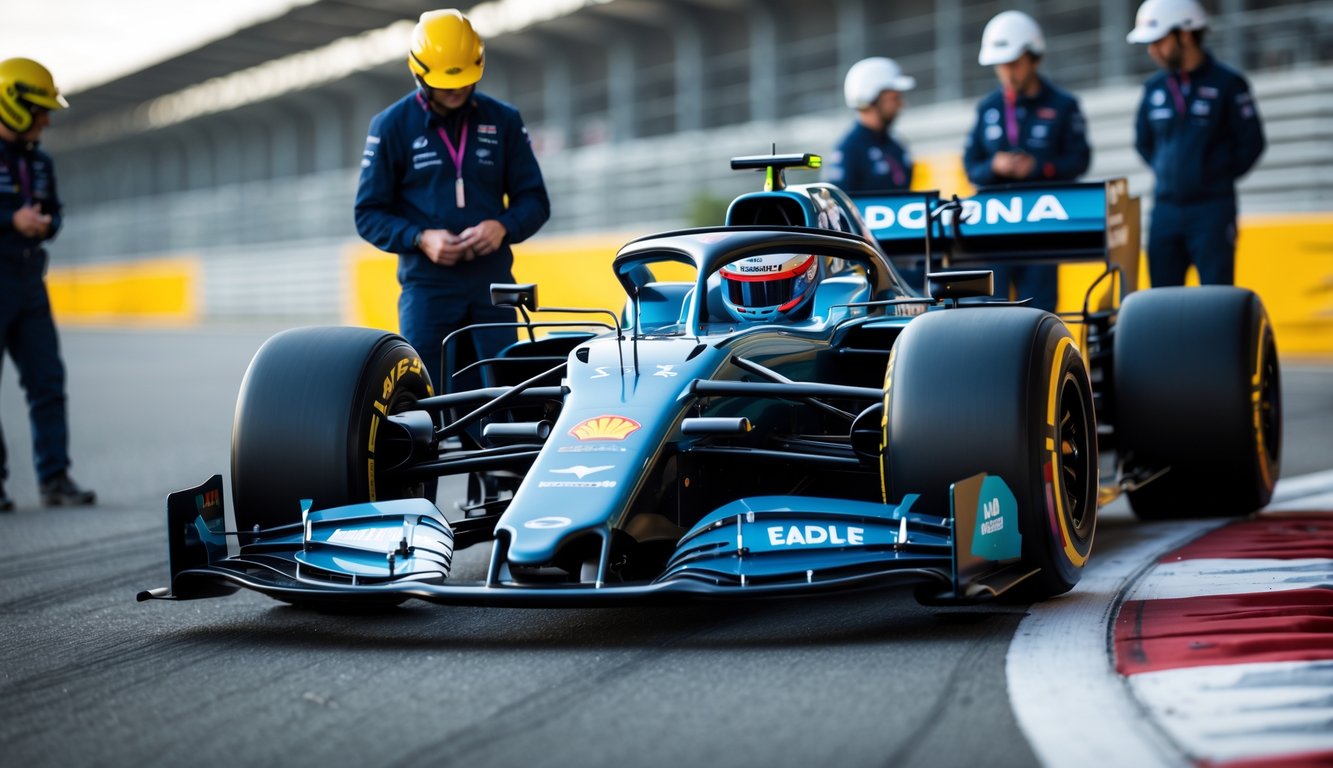 Mobil balap Formula 1 terbaru dengan teknologi keselamatan canggih sedang diperiksa oleh insinyur di lintasan balap.