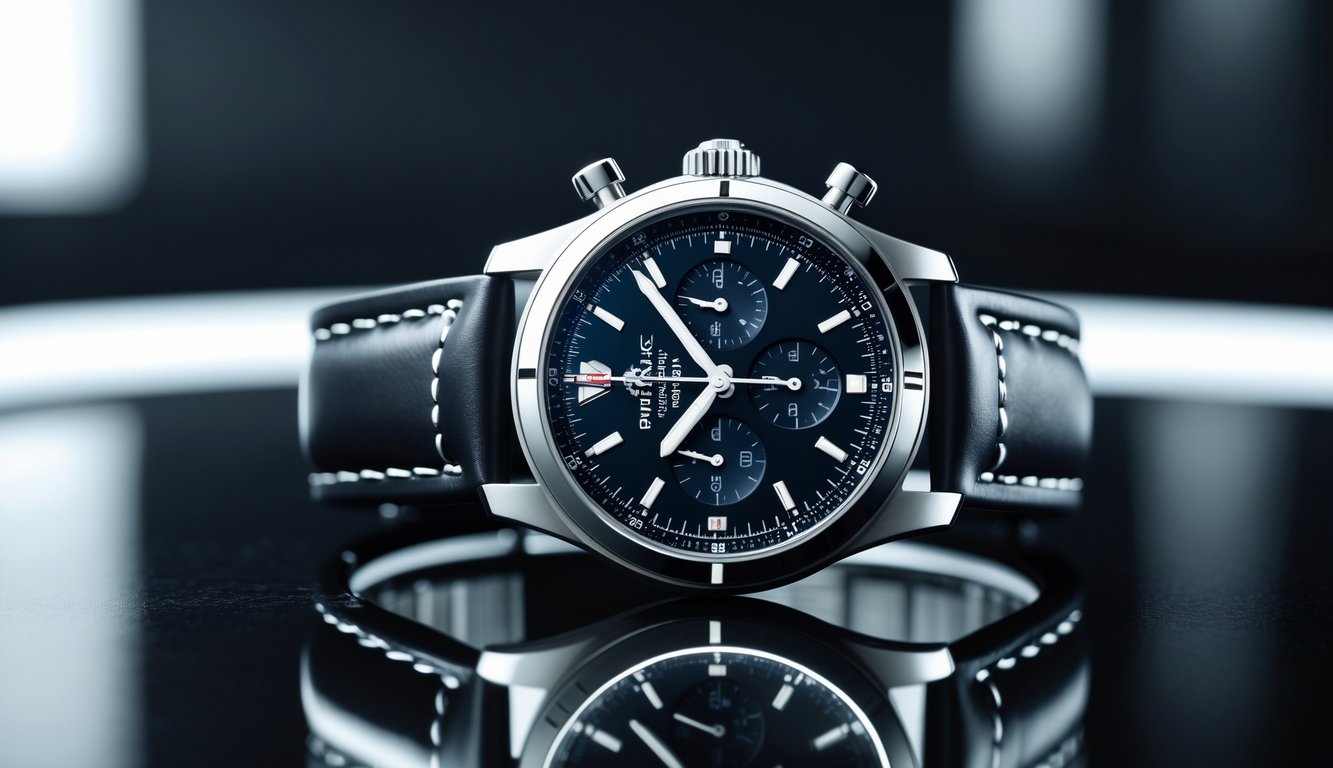 Jam tangan Breitling terbaru tahun 2025 dengan desain modern dan tali kulit, diletakkan di atas permukaan hitam mengkilap.