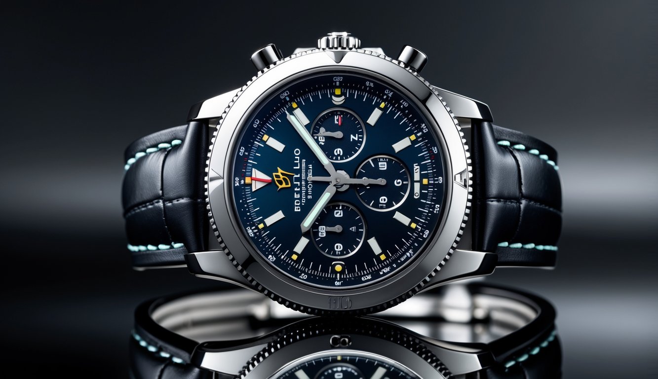 Foto jam tangan mewah Breitling model 2025 dengan tali kulit hitam di atas permukaan hitam reflektif.