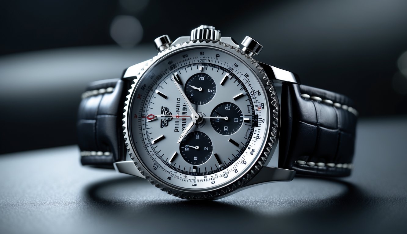 Jam tangan Breitling Navitimer edisi terbatas 2025 diletakkan di atas permukaan gelap dengan pencahayaan lembut yang menonjolkan detailnya.