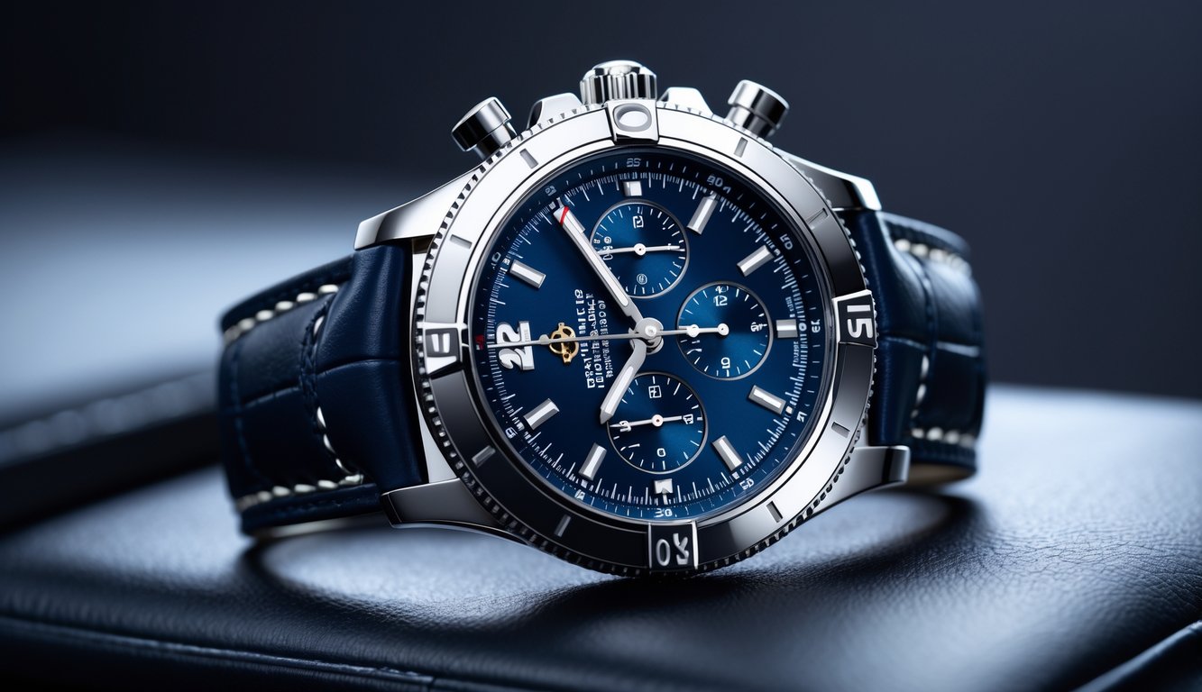 Jam tangan Breitling Chronomat 2025 premium dengan tali kulit hitam dan dial biru, diletakkan di permukaan kulit hitam.