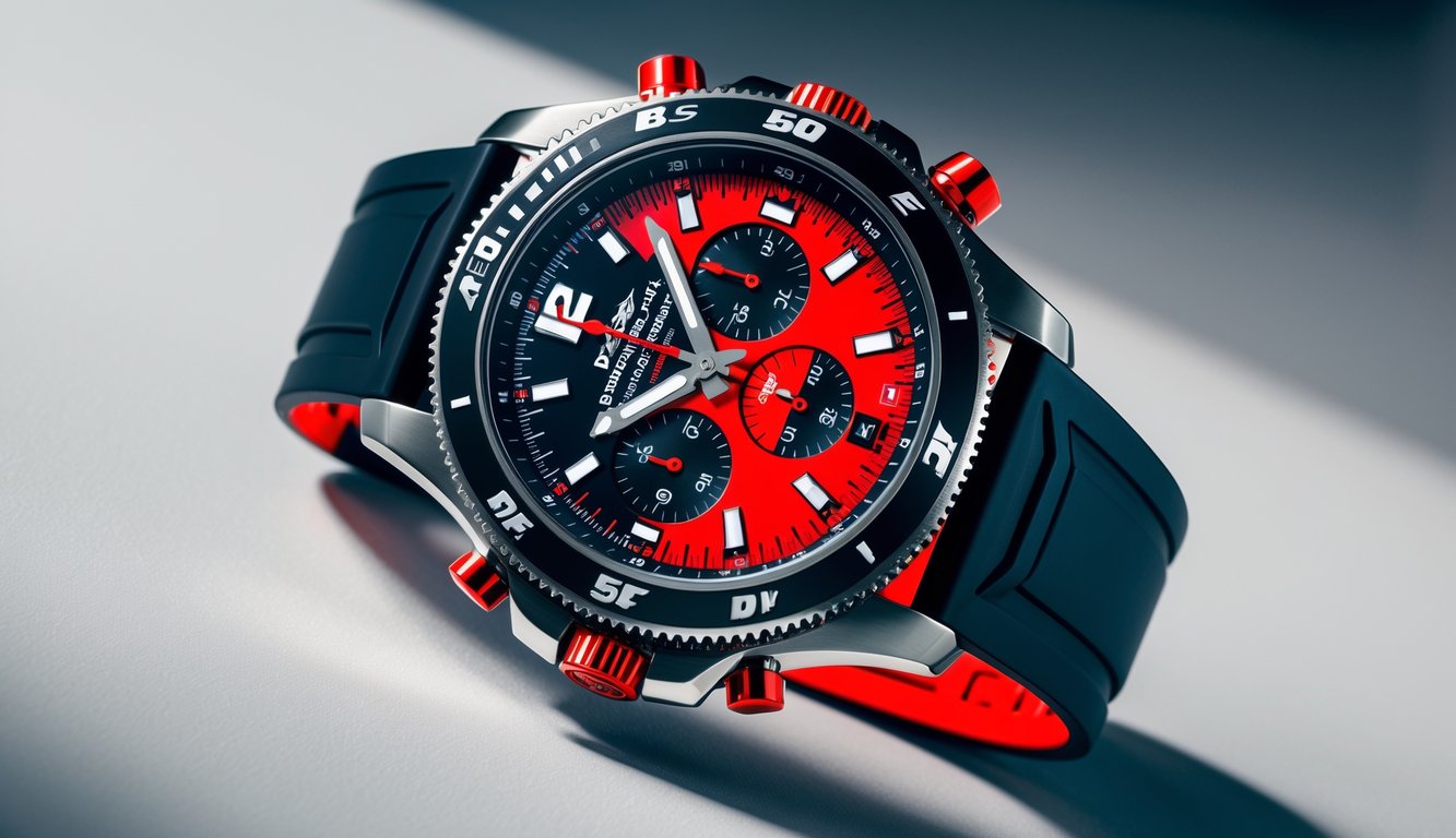 Gambar jam tangan Breitling Endurance Pro IRONMAN 2025 dengan tali hitam, menampilkan detail dan warna merah serta hitam yang jelas.