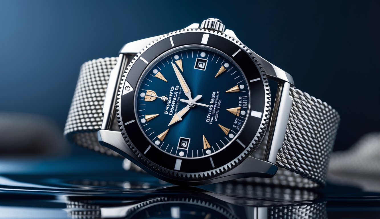 Foto jam tangan Breitling Superocean Heritage 2025 dengan latar belakang biru gelap dan tali logam.