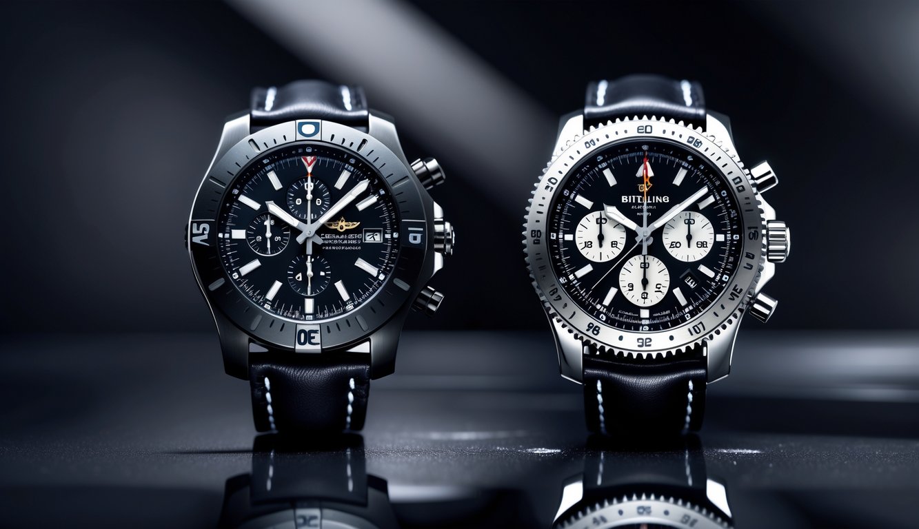 Dua jam tangan mewah Breitling Avenger dan Navitimer tahun 2025 diletakkan berdampingan di atas permukaan hitam yang reflektif.