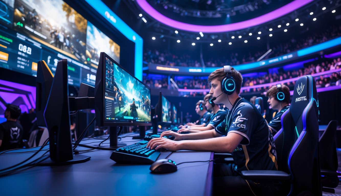 Arena e-sports modern dengan pemain profesional yang fokus bermain di depan komputer, diiringi penonton dan layar besar menampilkan visual permainan.