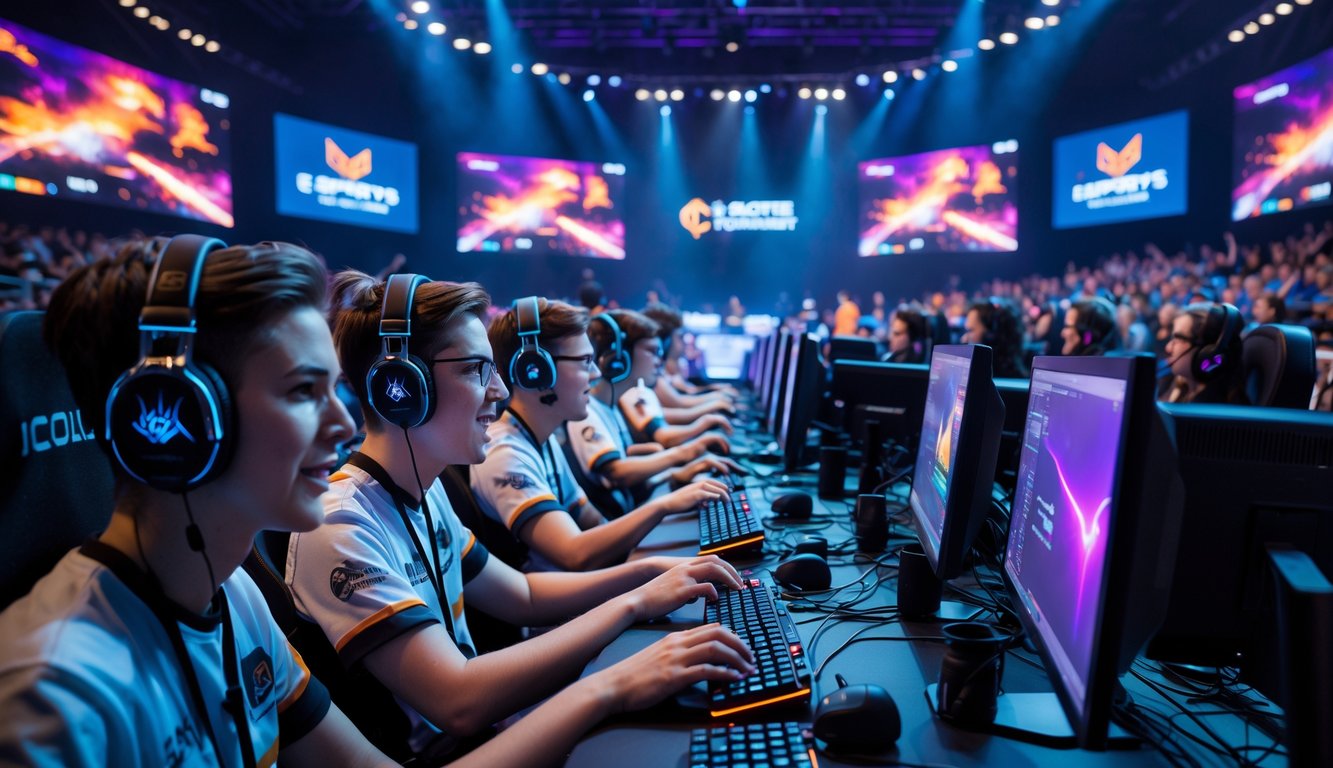 Suasana turnamen e-sports dengan pemain yang fokus bermain di arena modern, layar besar menampilkan aksi permainan, dan penonton yang antusias.