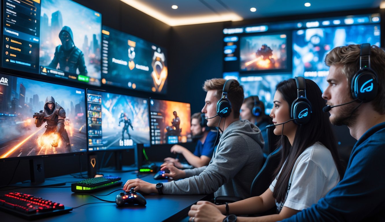 Sekelompok orang muda sedang bermain dan menonton pertandingan esports dengan beberapa monitor yang menampilkan pembaruan pertandingan secara langsung.