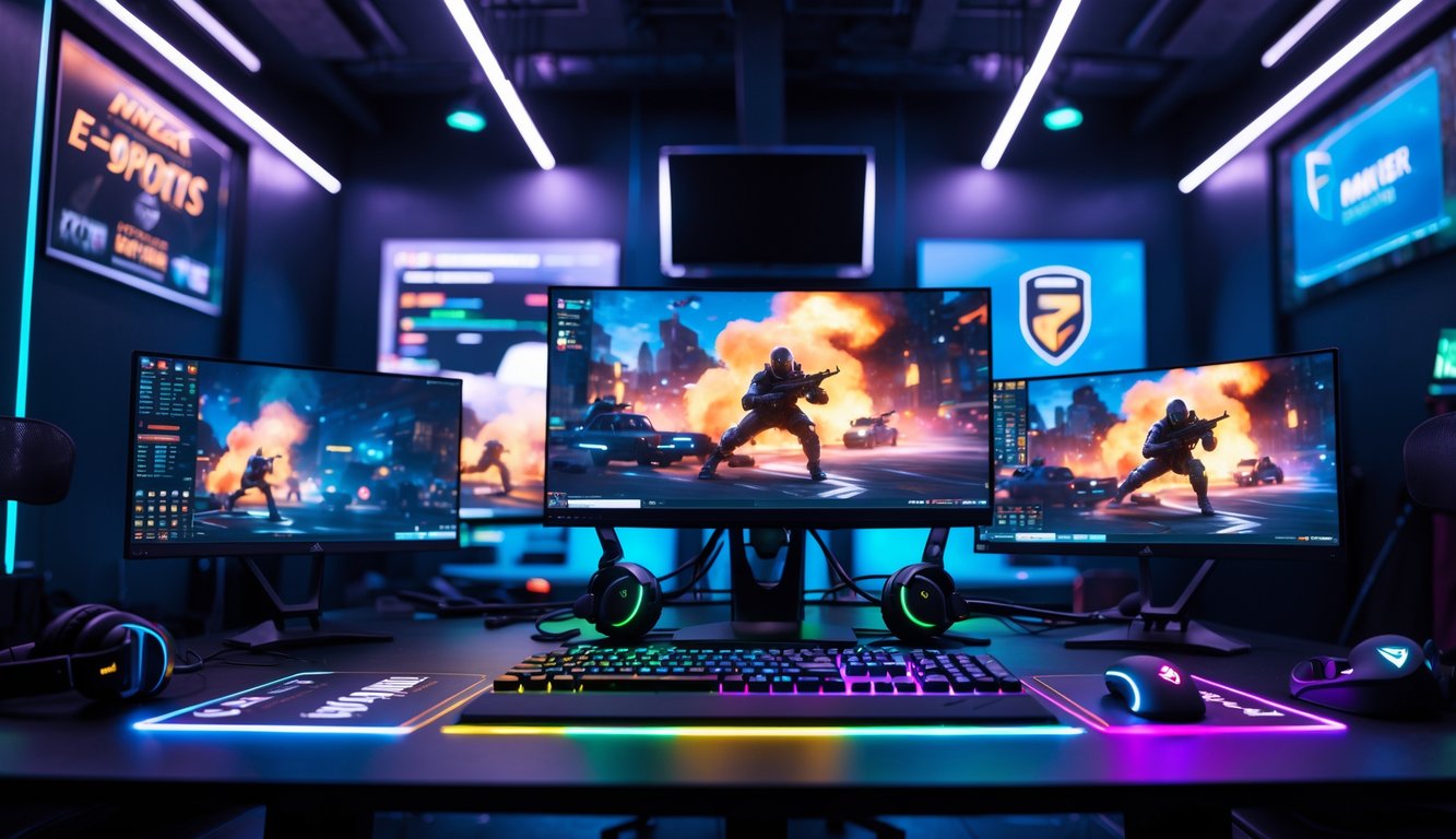 Ruang permainan e-sports modern dengan monitor dan perangkat gaming profesional yang menampilkan suasana kompetitif.