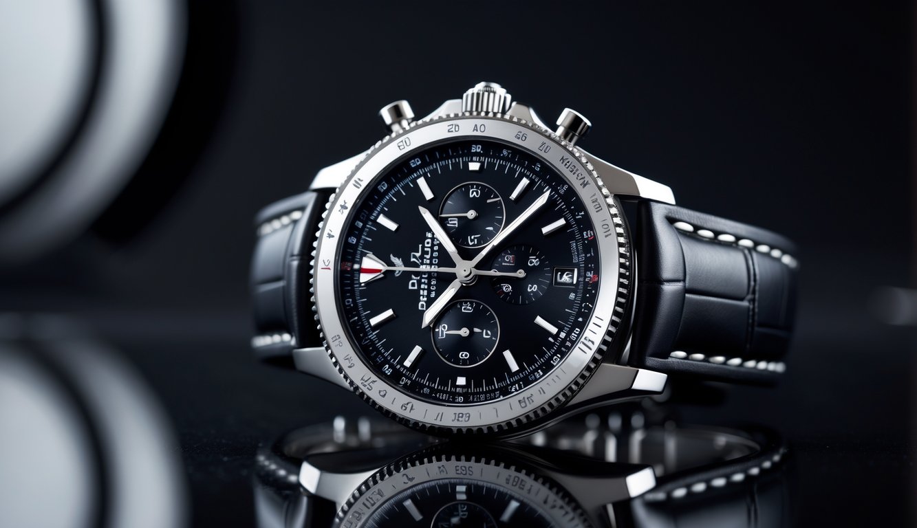 Jam tangan pria mewah Breitling model 2025 dengan desain hitam dan tali kulit, diletakkan di permukaan reflektif gelap.