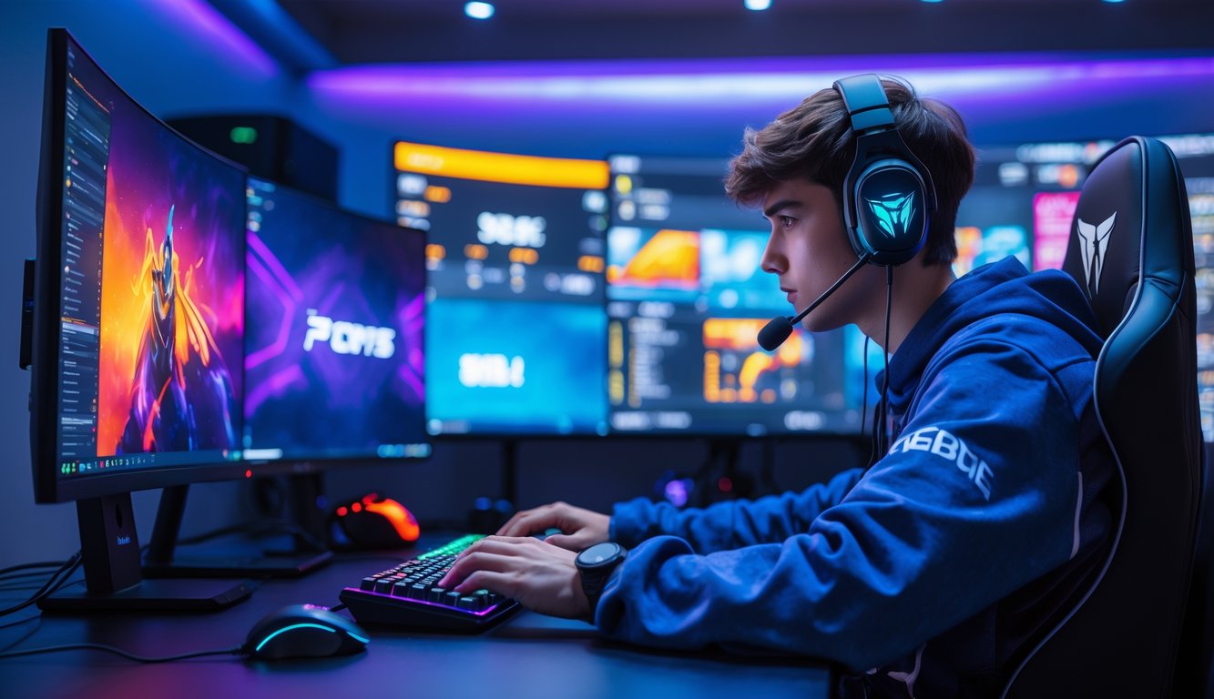Seorang pemain game profesional muda duduk di depan komputer dengan beberapa layar, mengenakan headset, fokus bermain dalam suasana ruangan modern dengan pencahayaan biru dan ungu.
