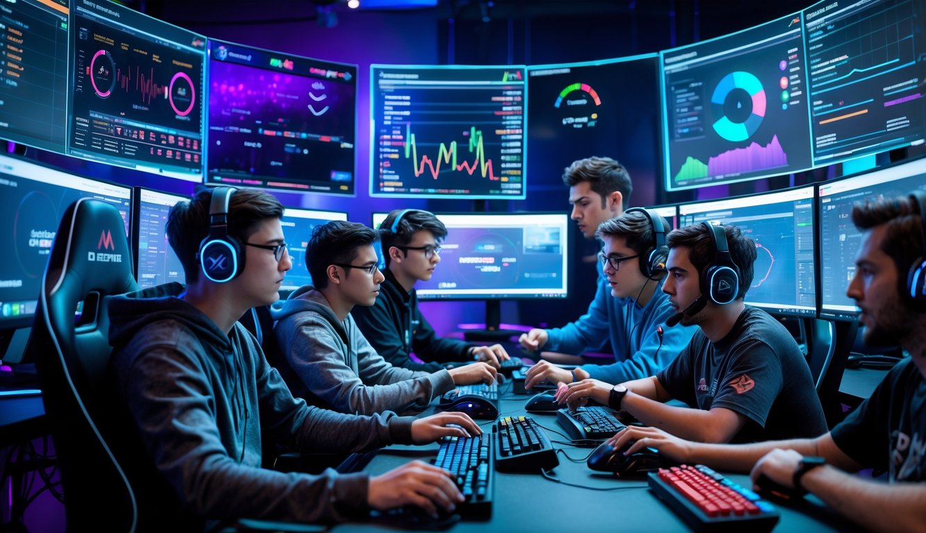 Sekelompok orang muda bermain game kompetitif di studio e-sports dengan layar besar menampilkan data dan grafik analisis permainan.