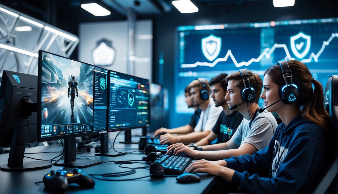 Sekelompok orang muda sedang bermain dan bekerja sama dalam lingkungan e-sports yang modern dan aman dengan beberapa monitor dan perlengkapan gaming.