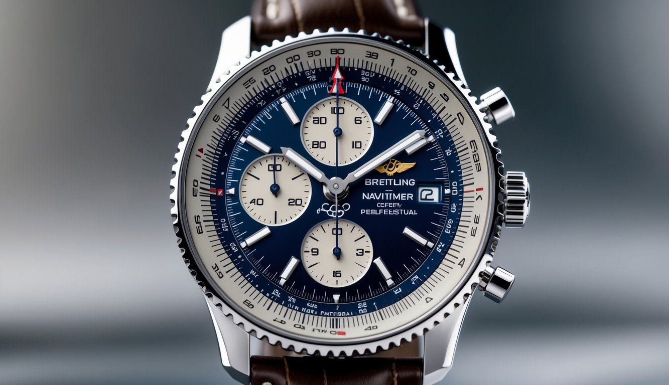 Foto close-up jam tangan Breitling Navitimer 2025 dengan kalender abadi dan tali kulit.