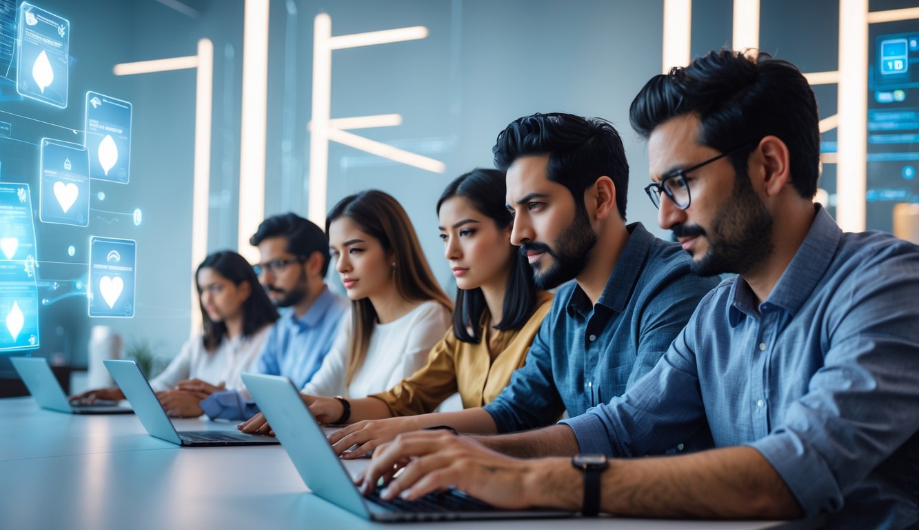 Sekelompok orang dewasa bermain permainan kartu Capsa secara online di ruang modern dengan perangkat elektronik.