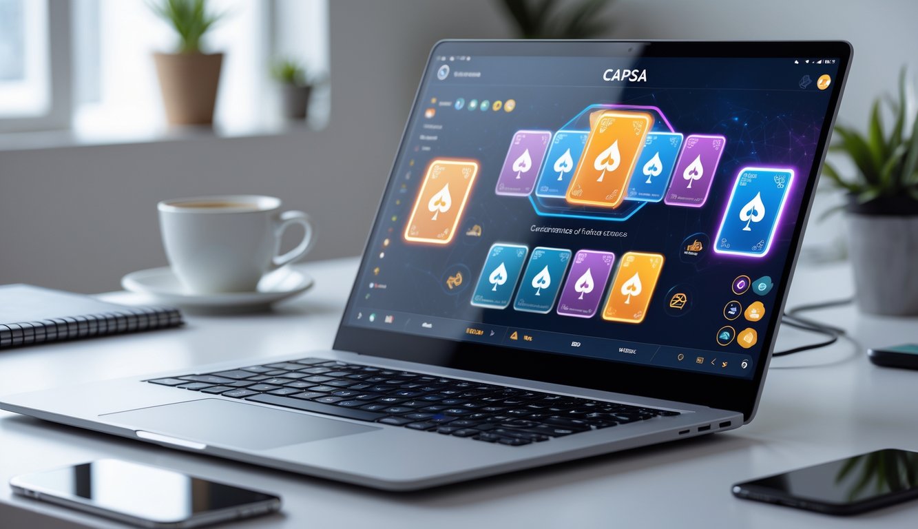 Sebuah laptop di meja kerja menampilkan permainan kartu Capsa dengan antarmuka permainan yang berwarna-warni, dikelilingi oleh cangkir kopi, ponsel, dan buku catatan.