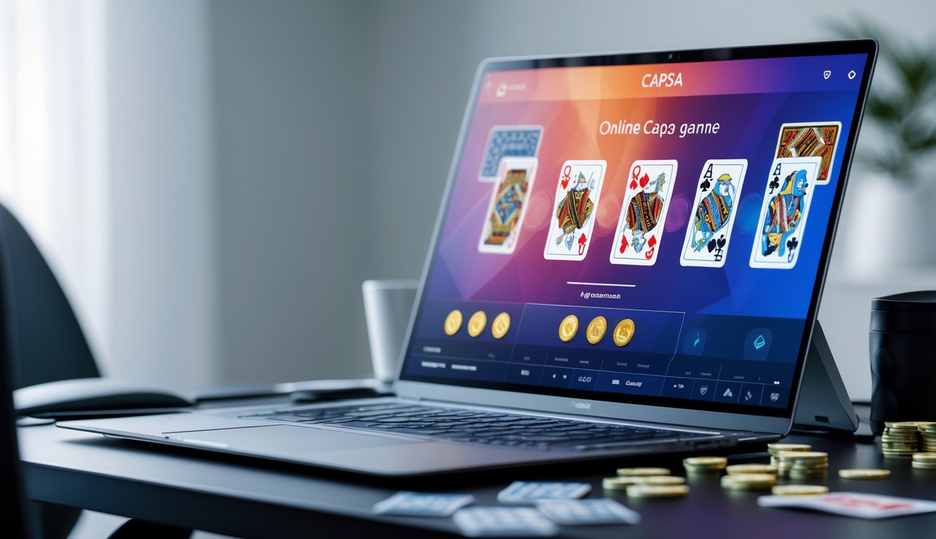 Sebuah meja kerja dengan komputer yang menampilkan permainan kartu Capsa online, dikelilingi oleh kursi ergonomis dan pencahayaan lembut.