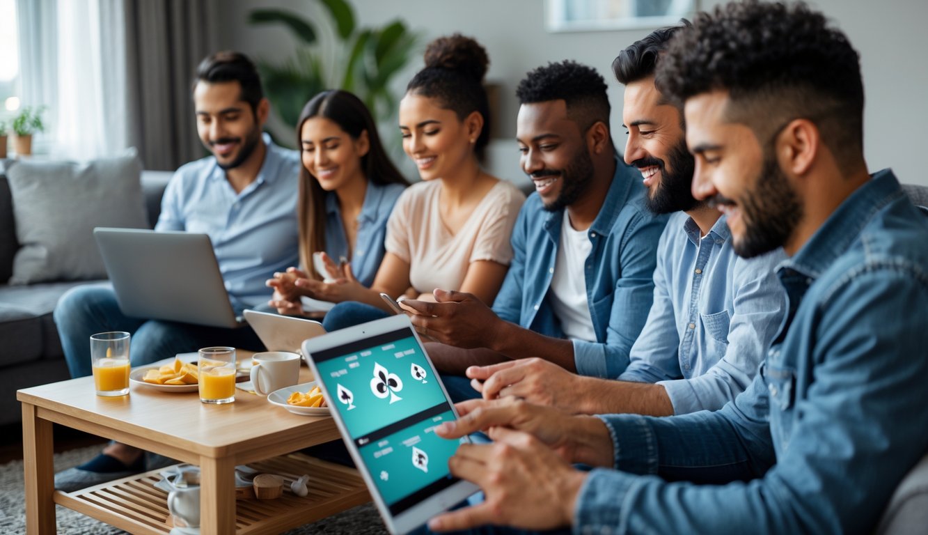 Sekelompok orang bermain permainan Capsa secara online menggunakan perangkat digital di ruang tamu yang nyaman.