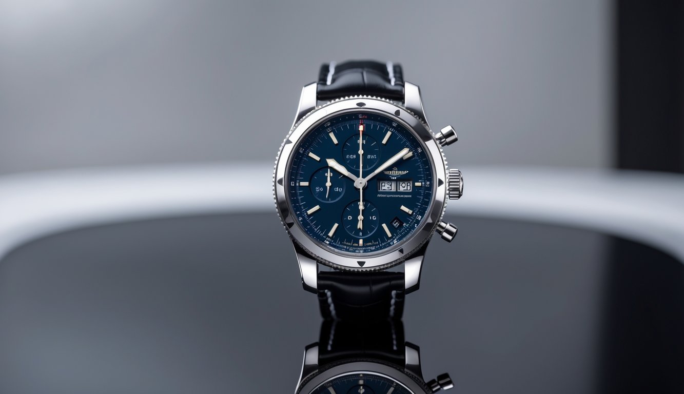 Foto jam tangan Swiss Breitling Elite asli diletakkan di atas permukaan hitam reflektif dengan latar belakang minimalis.