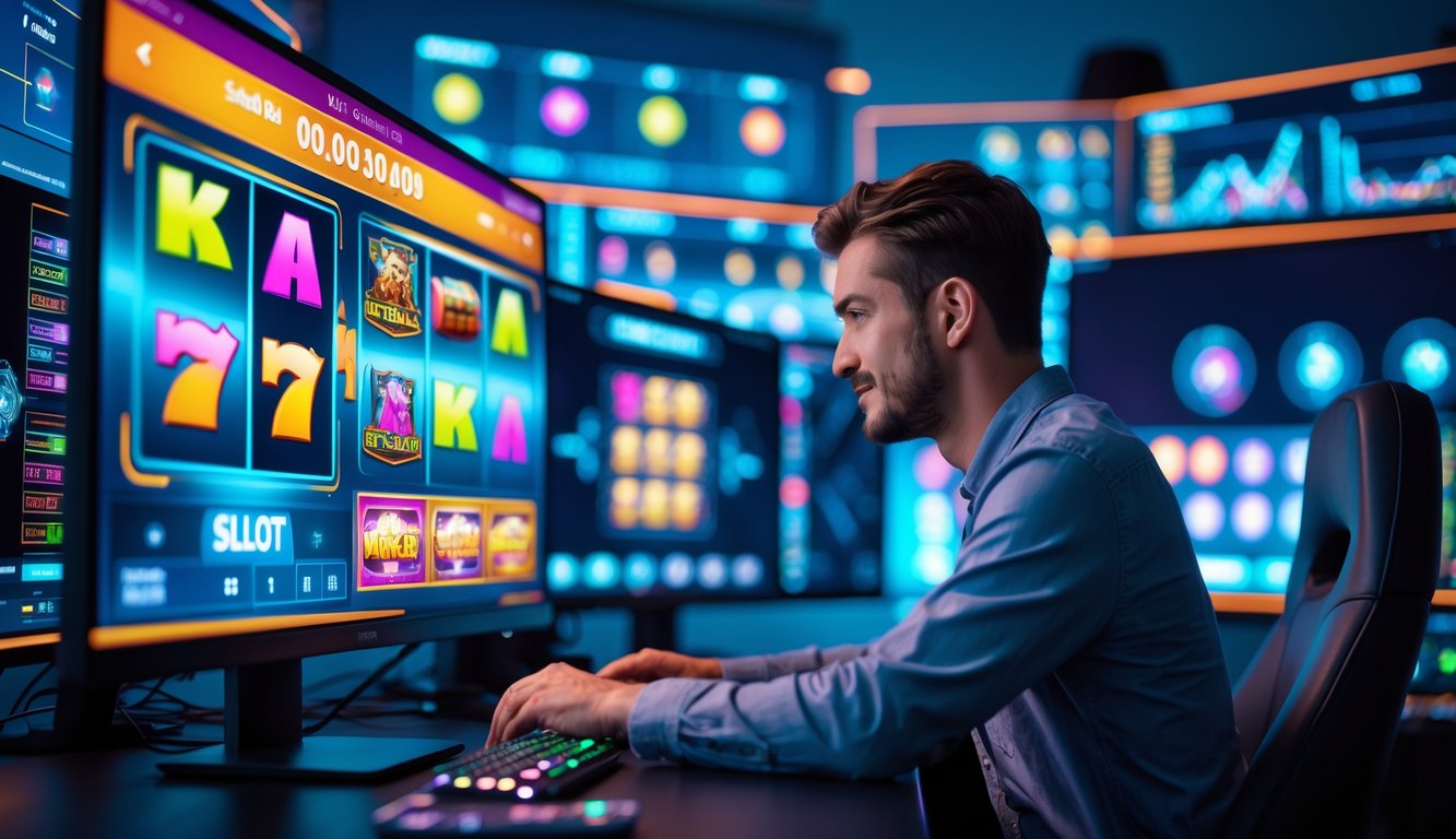Seorang pria duduk di depan komputer dengan tampilan permainan slot online dan grafik data di layar, berada di ruangan modern yang terang.